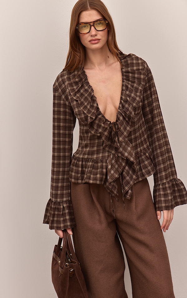 Brown Check Print Ruffle Blouse