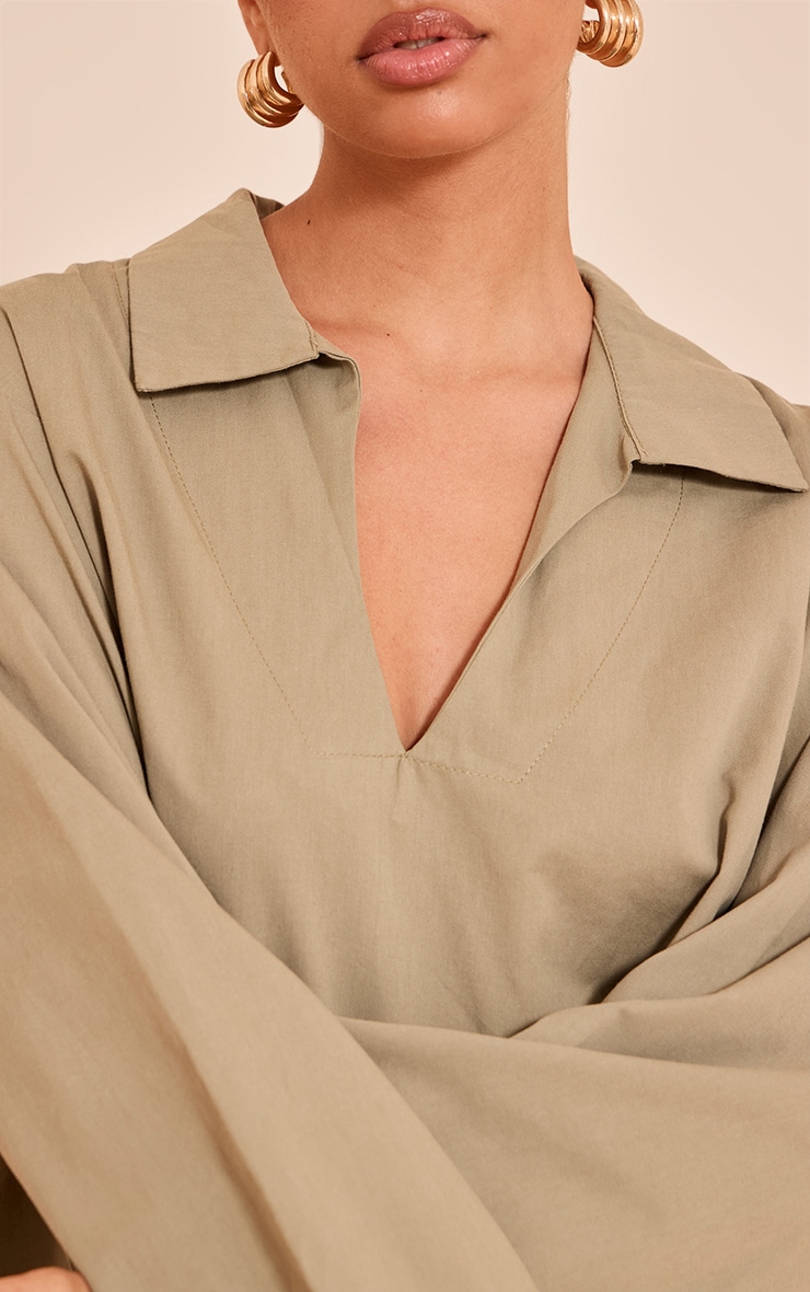 Light Khaki Cotton Woven Boxy Long Sleeve Collar Top image 4