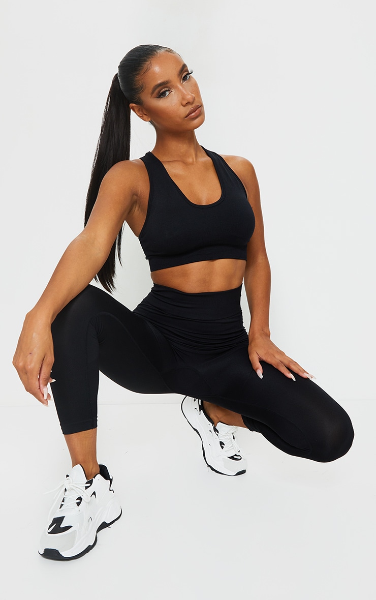 PRETTYLITTLETHING Black Racer Back Padded Seamless Top image 3