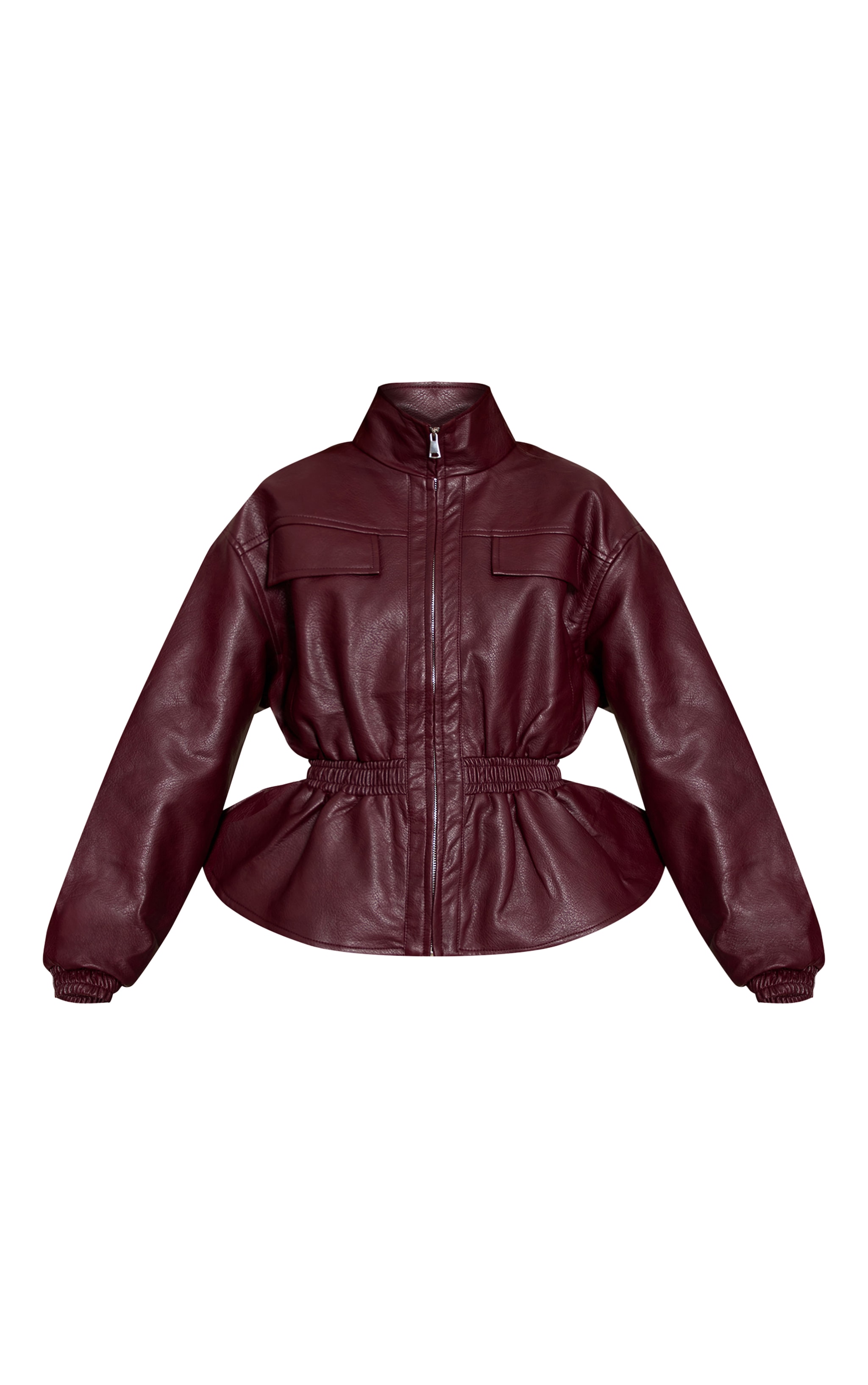 Chocolate Plum High Neck Cinched Waist Faux Leather Jacket image 5