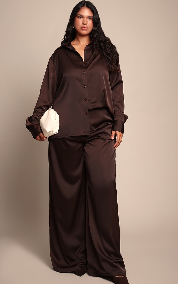 Plus Chocolate Crinkle Satin High Waist Wide Leg Pants image 1