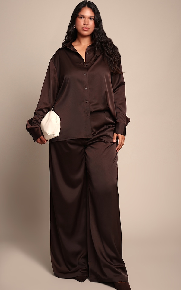 Plus Chocolate Crinkle Satin High Waist Wide Leg Pants
