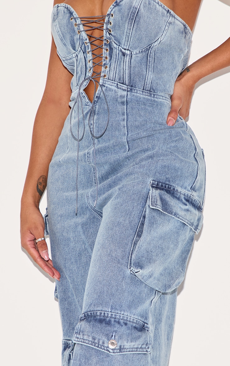 Shape Vintage Mid Wash Denim Bandeau Lace Up Front Wide Leg Jumpsuit image 4