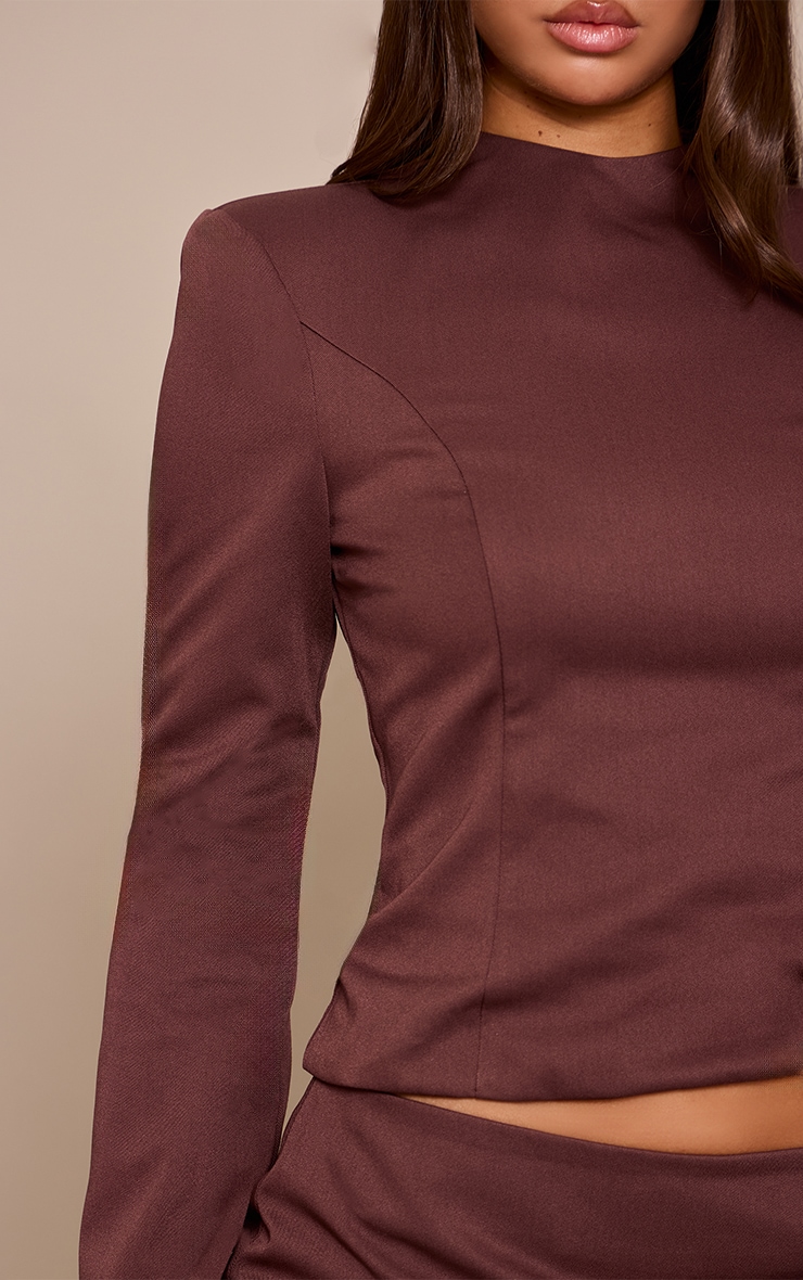 Dark Brown Twill Tailored High Neck Long Sleeve Top image 4