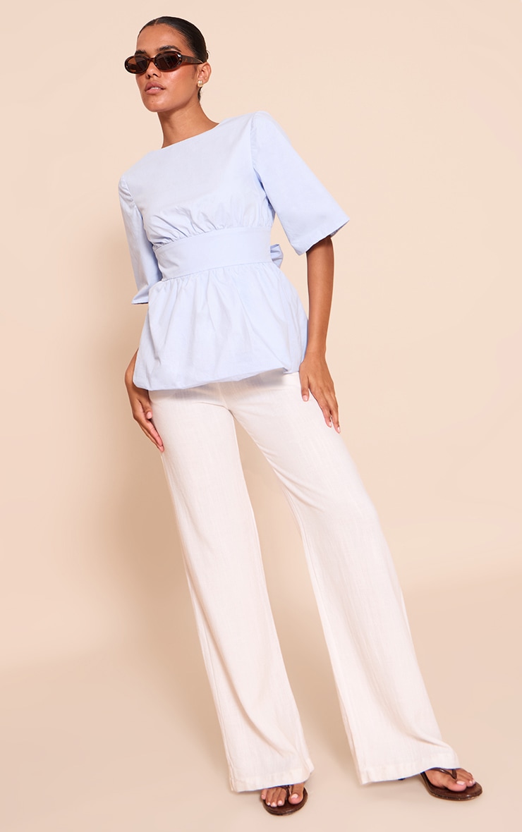 Sky Blue Cotton Short Sleeve Tie Back Blouse image 3