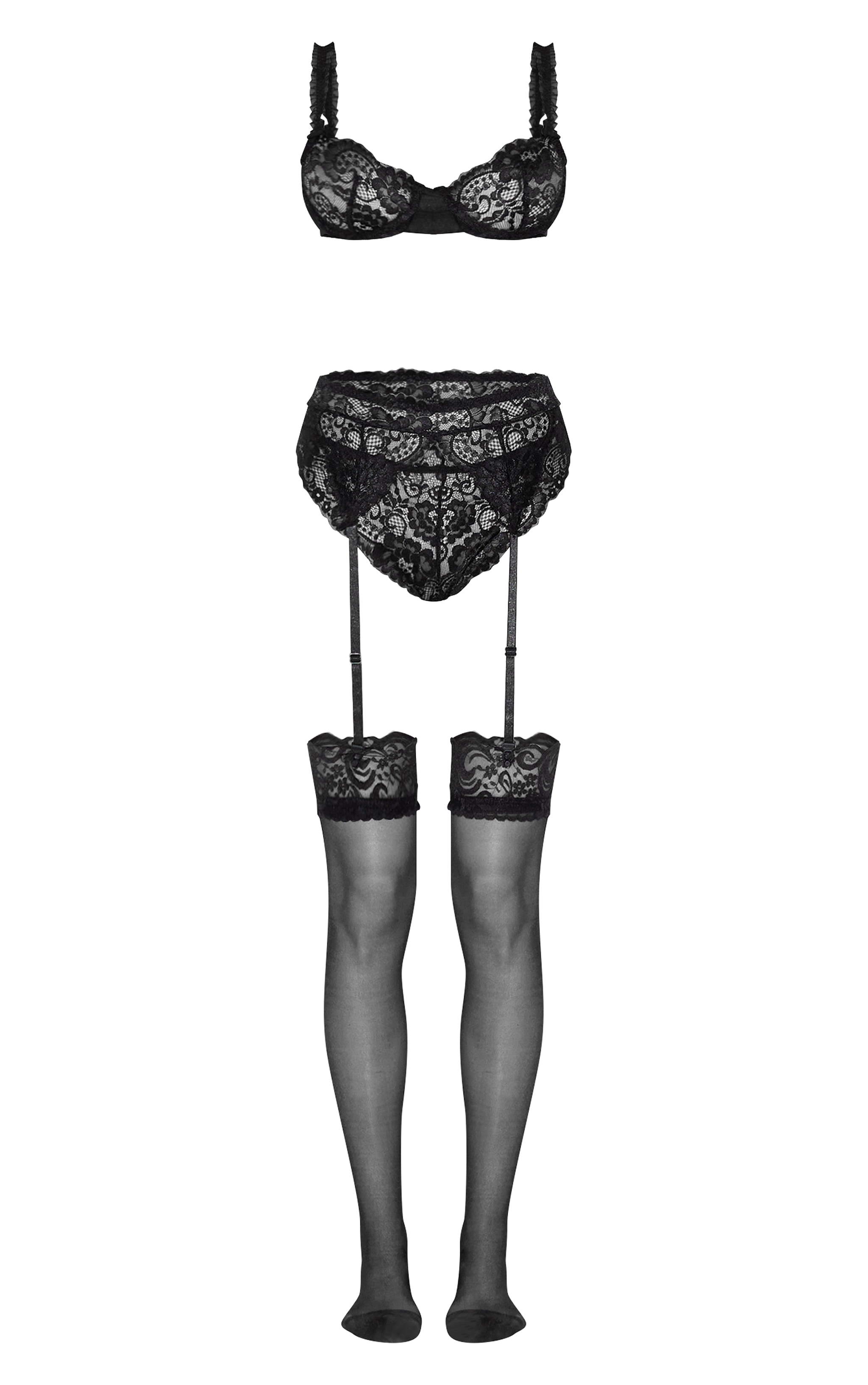 Black Mesh Frill Detail Lace 3 Piece Lingerie Set image 5