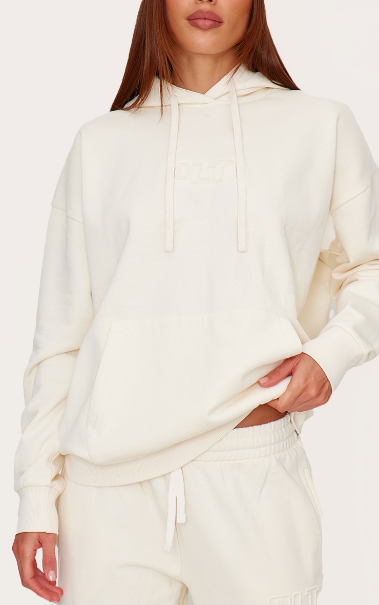 PRETTYLITTLETHING Cream Premium Embossed Oversized Hoodie image 4