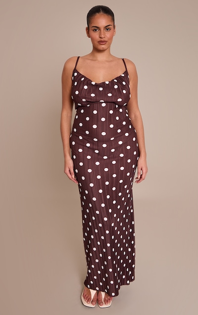 Plus Chocolate Polka Dot Printed Plisse Cowl Neck Maxi Dress