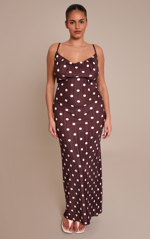 Plus Chocolate Polka Dot Printed Plisse Cowl Neck Maxi Dress