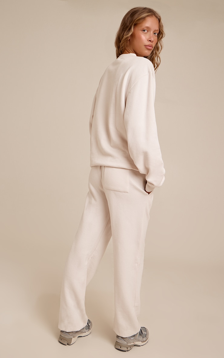 Cream PLT Embroidered Cotton Fleece Cuffed Sweat Pants image 3