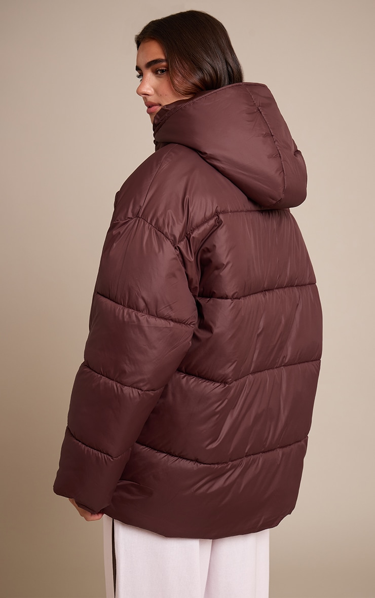 Chocolate Brown Oversized Hooded Puffer Jacket image 2