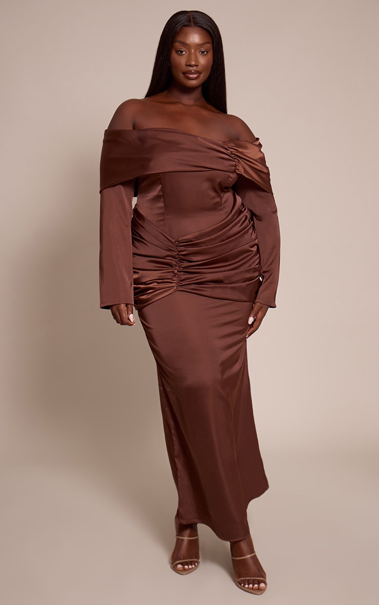 Plus Chocolate Satin Ruched Detail Off Shoulder Maxi Dress image 3