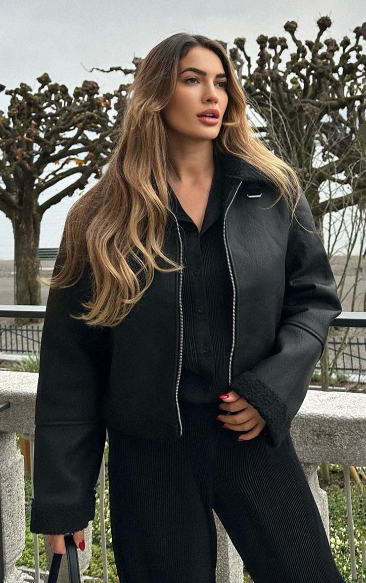 Black Borg Lined Faux Leather Zip Front Aviator