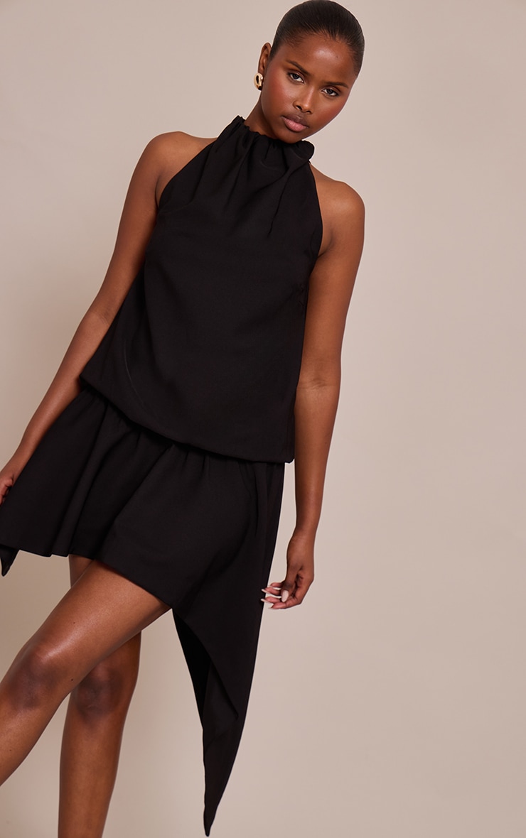 Black Woven Ruched Dropped Waist Hemy Hem Midi Dress image 4