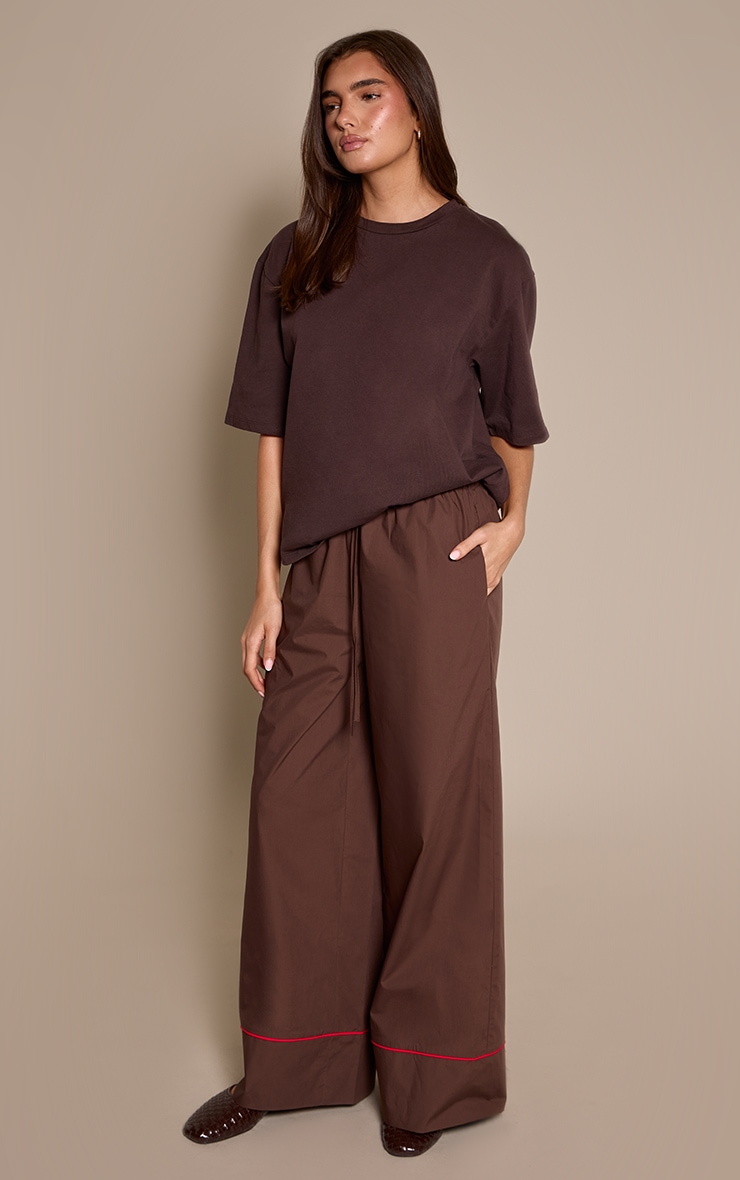 Dark Chocolate Contrast Piping Detail Wide Leg Trousers image 2