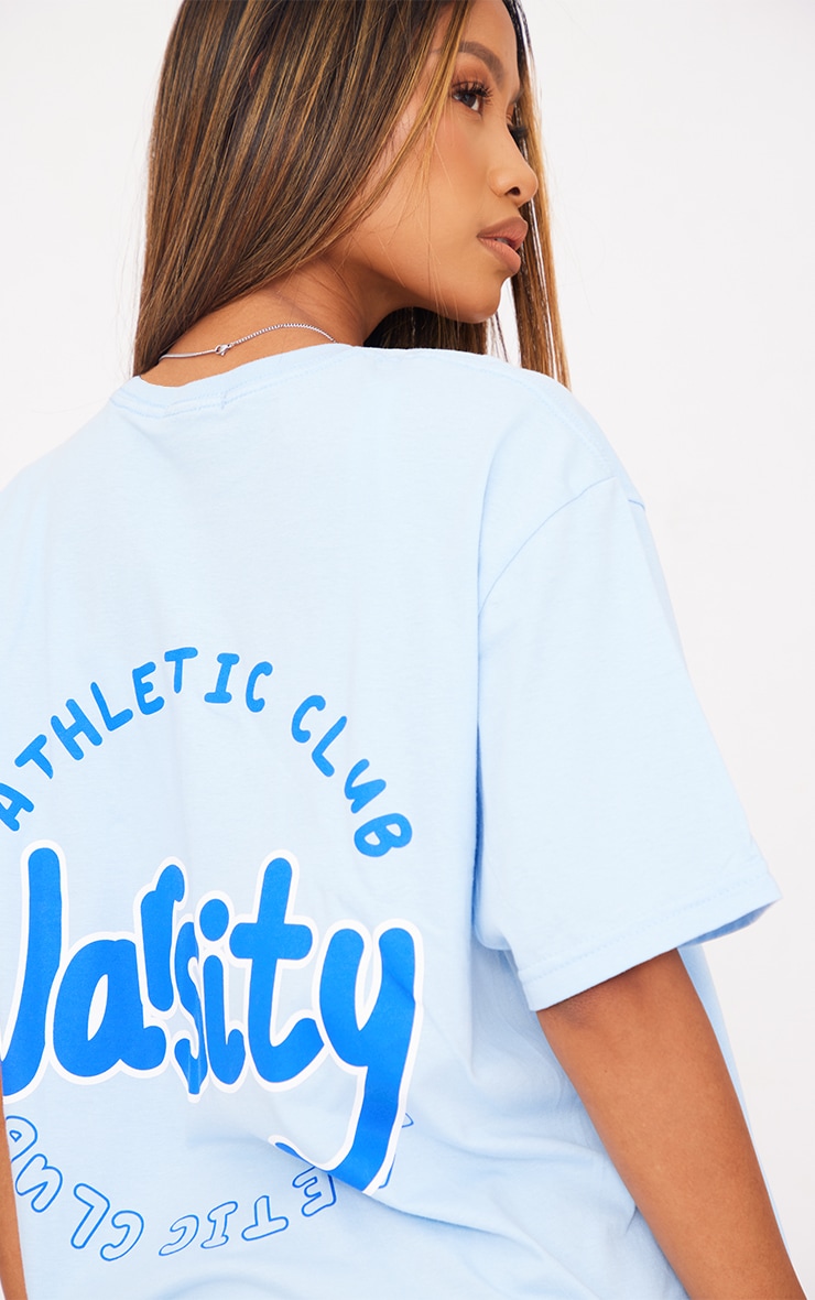 PRETTYLITTLETHING Baby Blue Athletic Club Varsity Print T Shirt image 4