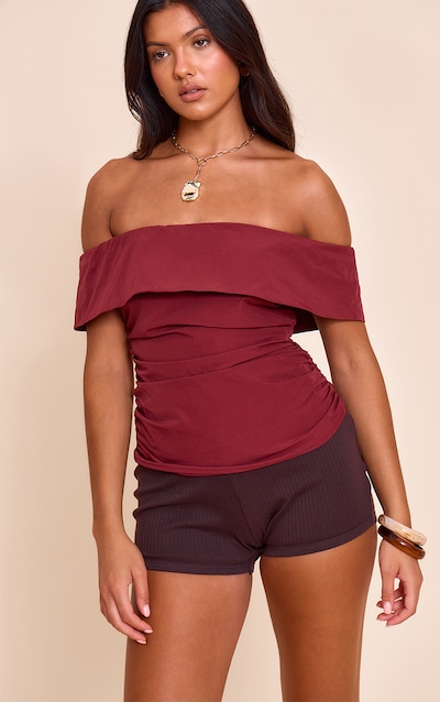Deep Red Woven Bardot Ruched Side Long Top