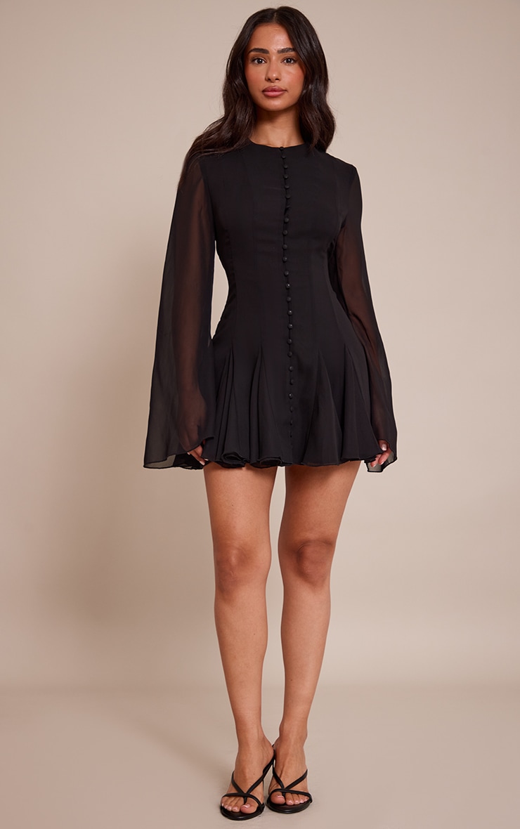 Petite Black Button Detail Long Sleeve Mini Dress image 3