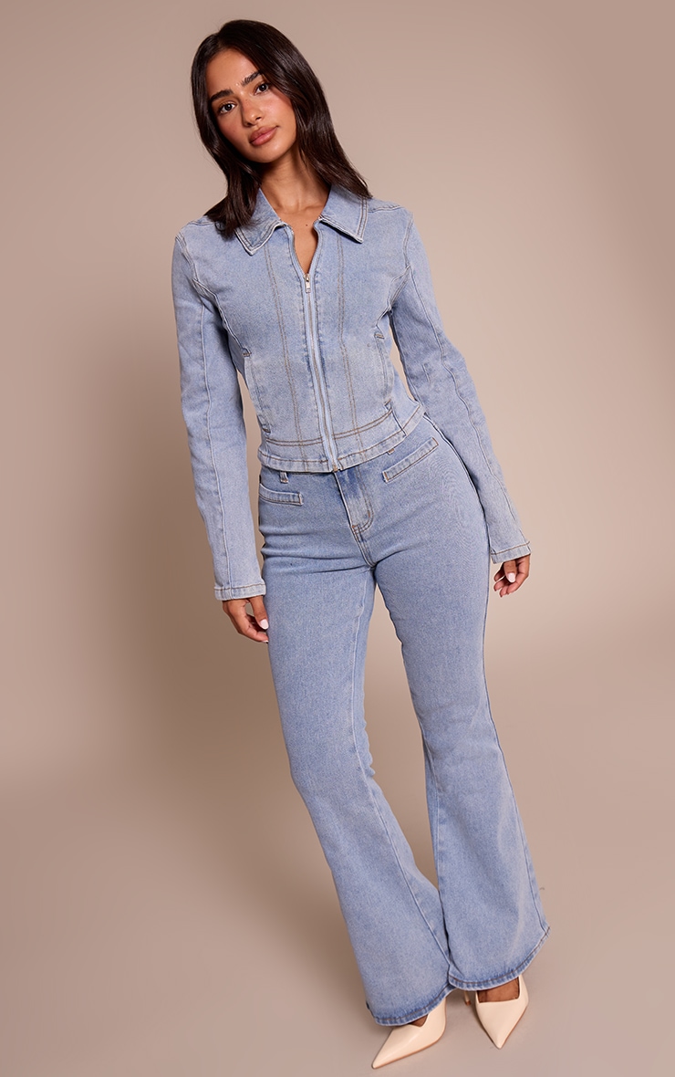 Petite Light Blue Fitted Zip Up Denim Jacket image 3