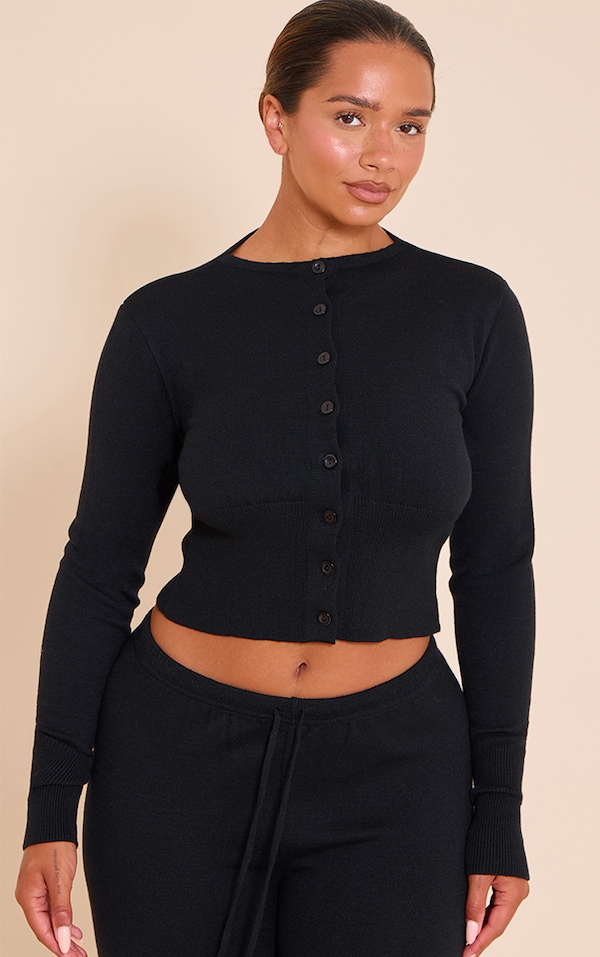 Shape BLACK Knitted Button Front Wide Rib Cardigan