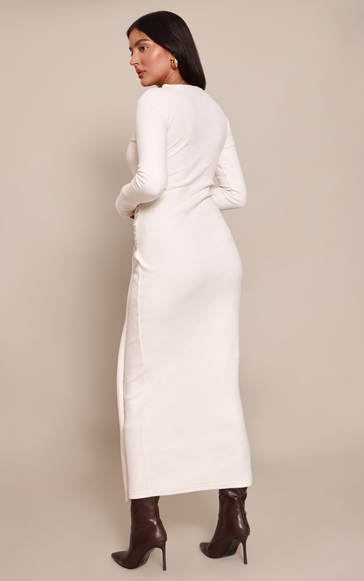 Robe longue côtelée brossée crème à détail noué image 2