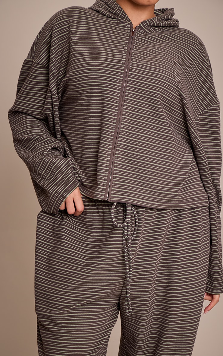 Plus Dark Green Striped Soft Fleece Zip Up Hoodie image 4
