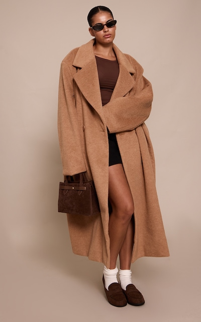 Plus Manteau long en effet laine brossé marron clair