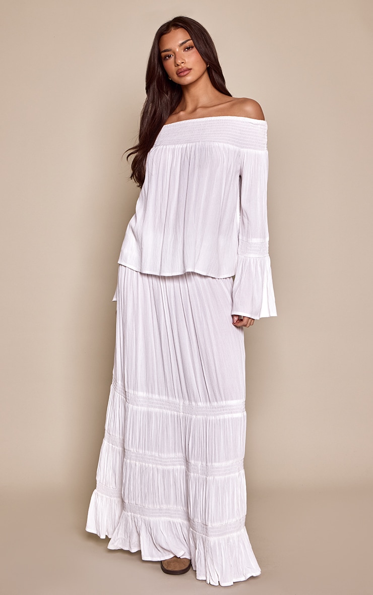 White Shirred Floaty Maxi Skirt