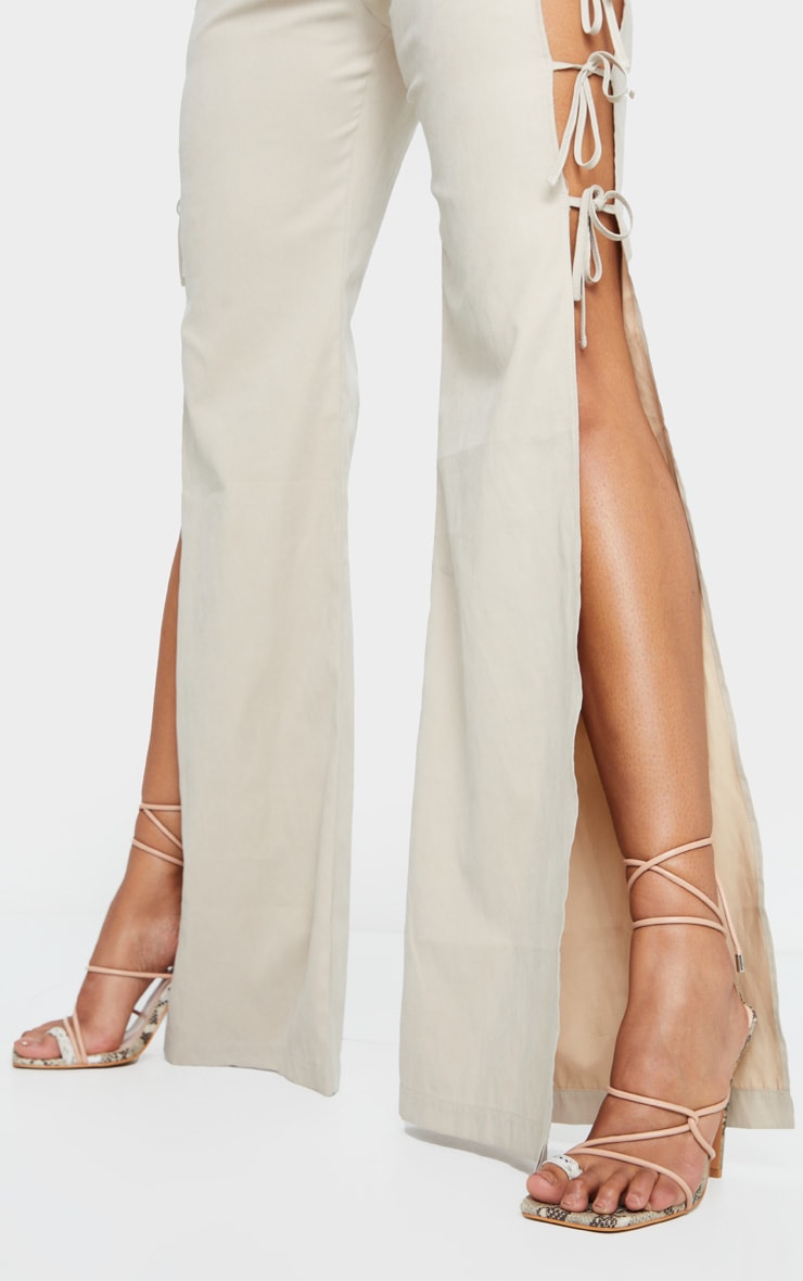 Beige Contrast Snake Square Toe Lace Up Strappy Top Loop Heeled Sandals