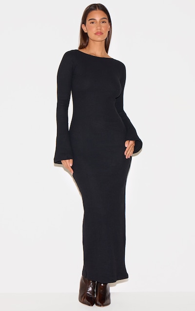 Black Heavy Brushed Rib Flared Sleeve Maxi Dress