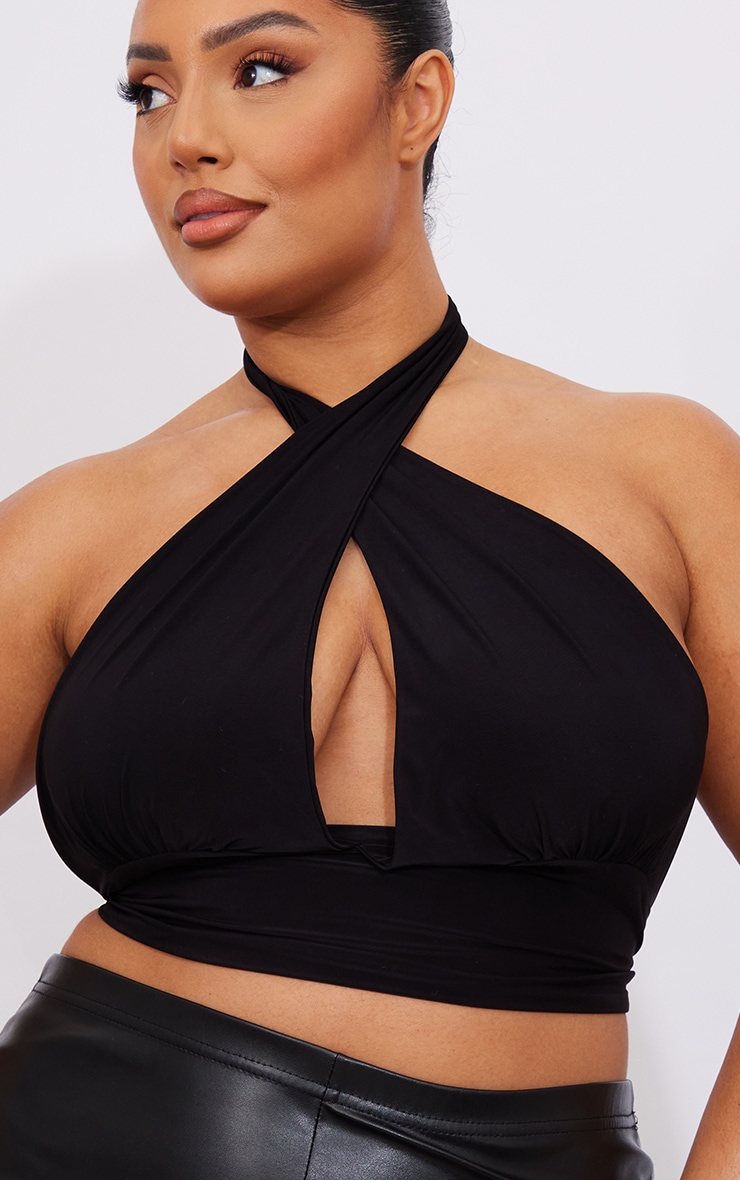 Plus Black Slinky Tie Back Crop Top image 4