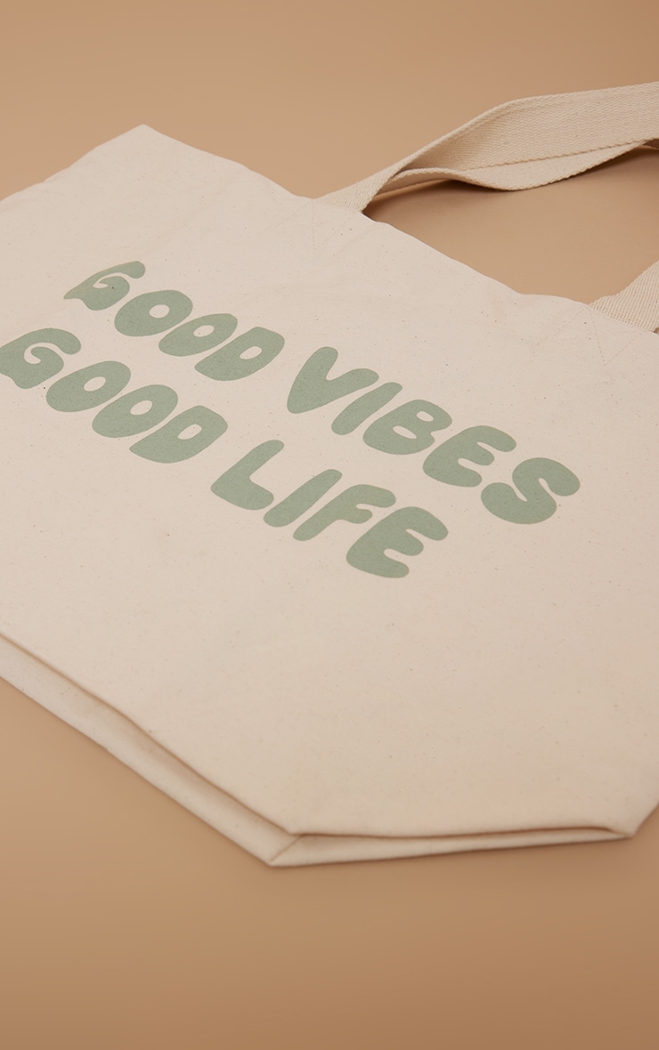 Tote bag vert à slogan Good Vibes image 2