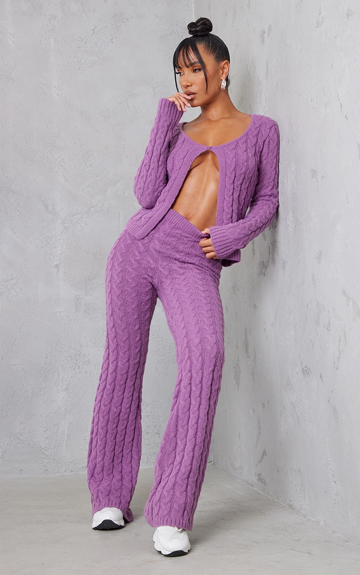  Dark Lilac Cable Knit Wide Leg Knit Trousers image 1