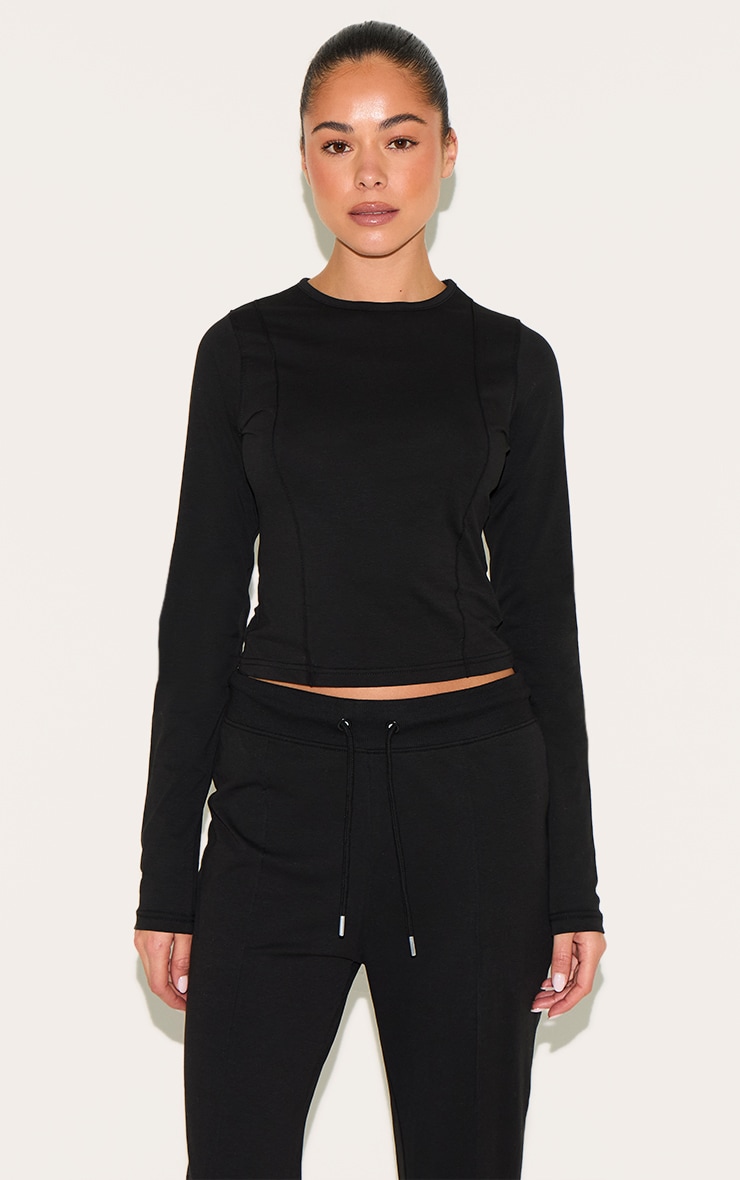 Black Cotton Seam Detail Long Sleeve Top image 1