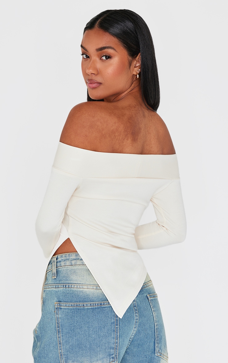 Cream Premium Soft Touch Fold Bardot Asymmetric Top image 2