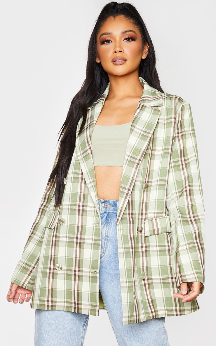 Green Woven Checked Double Breasted Oversized Blazer