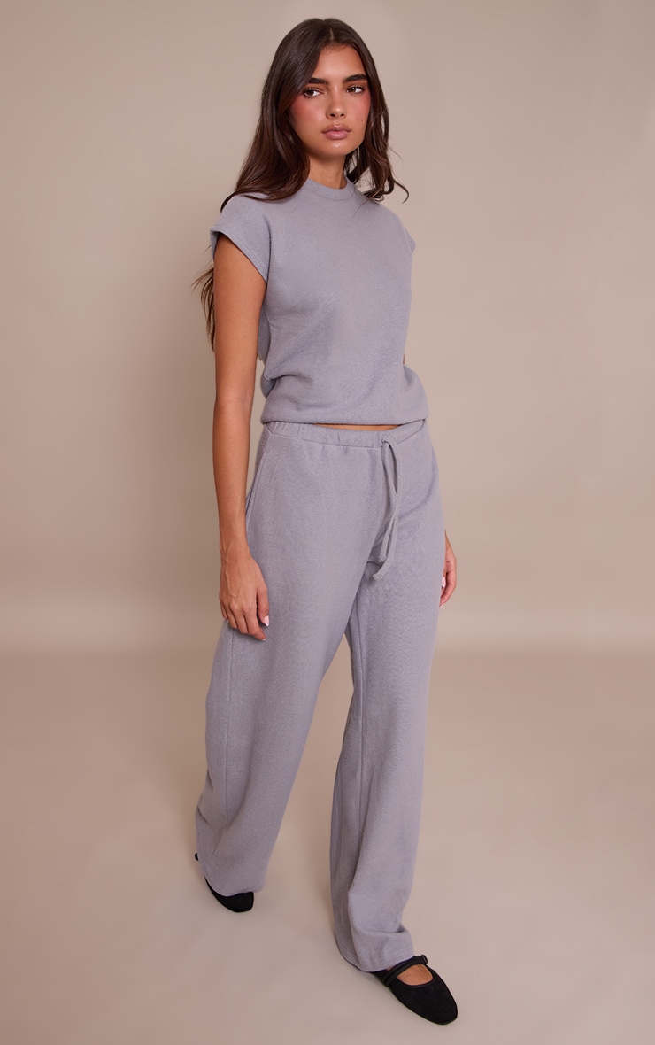 Charcoal Grey Rib Knit Straight Leg Pant  image 2
