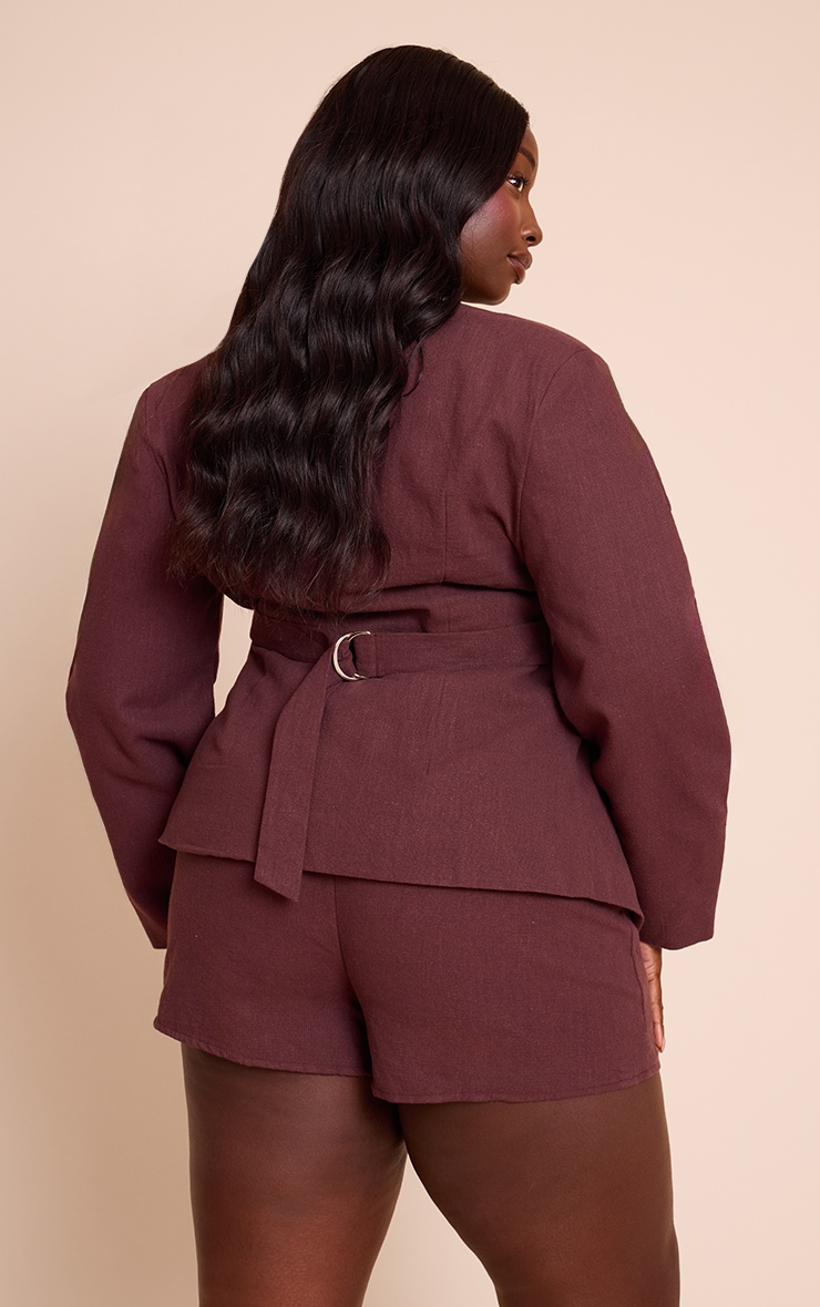 Plus Deep Chocolate Premium Linen Tailored Cocoon Sleeve Cinched Blazer image 2