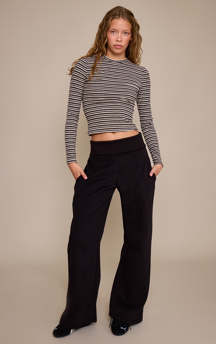 Black Fold Over Waist Wide Leg Track Pants image 1