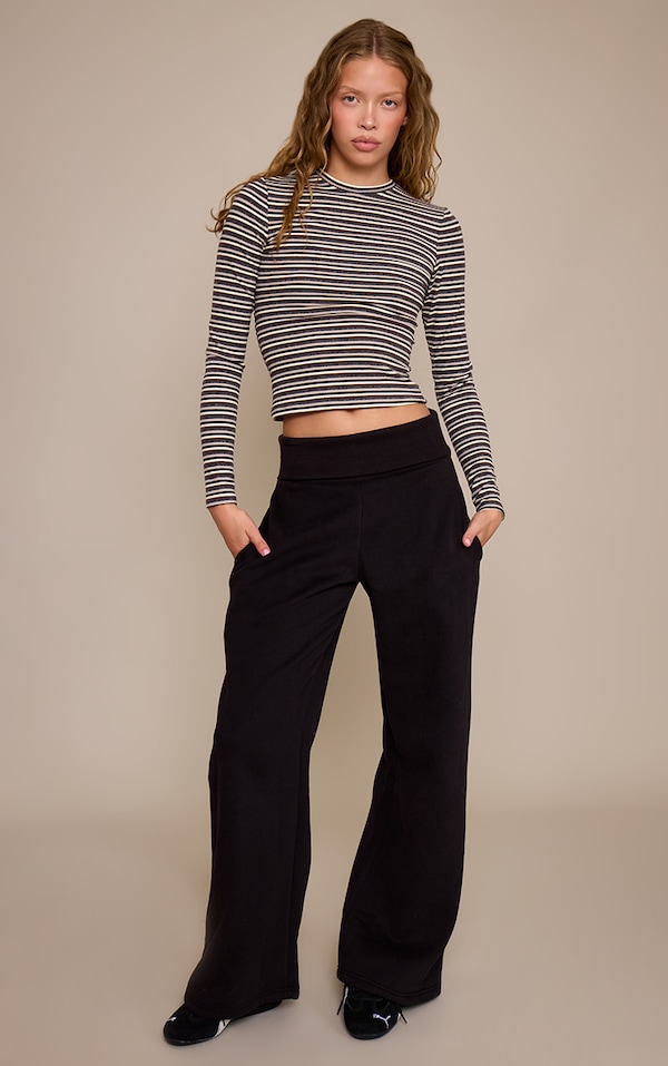 Black Fold Over Waist Wide Leg Track Pants
