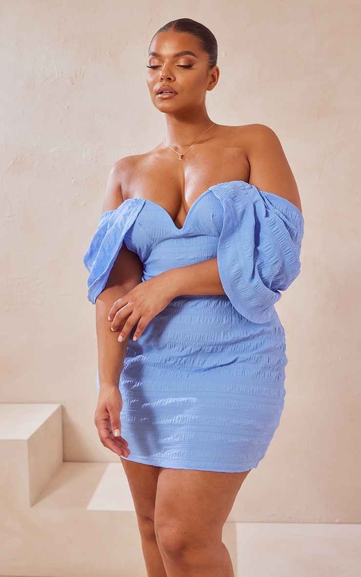 Plus Baby Blue Textured V Bar Bodycon Dress image 3