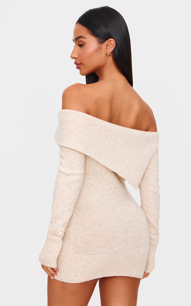 Petite Beige Knitted Foldover Asymmetric Micro Mini Dress image 2