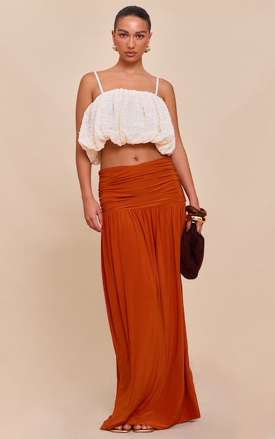 Burnt Orange Overlay Detail Double Layer Slinky Maxi Skirt