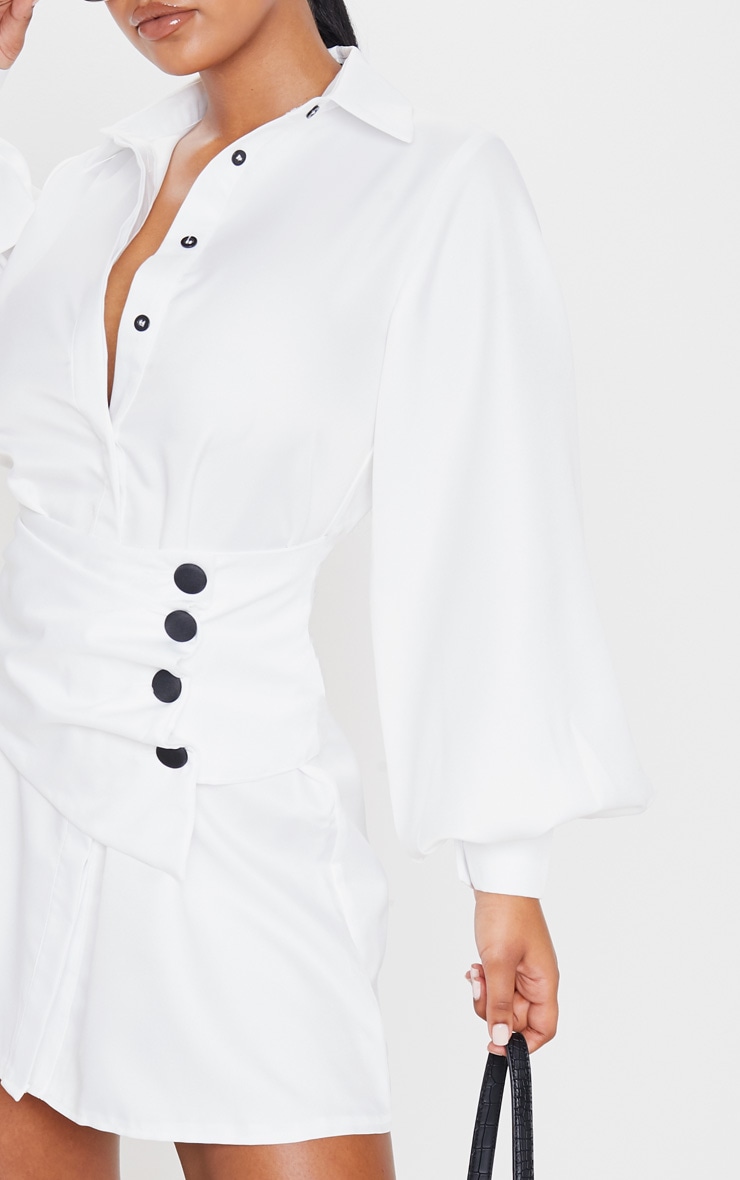 White Button Waist Detail Shirt Dress image 5