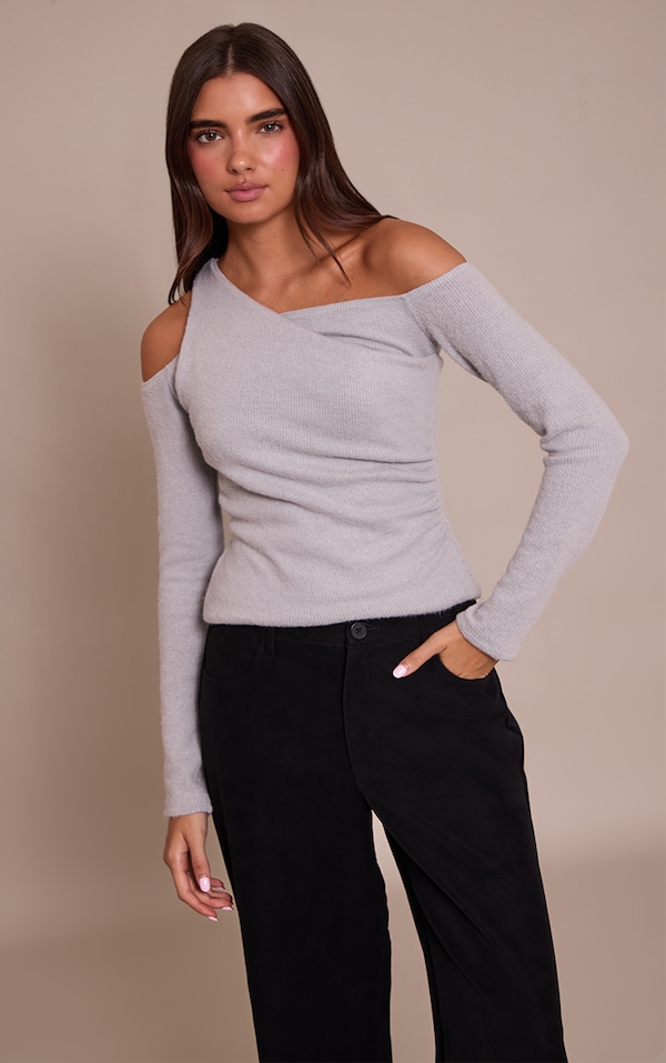 Grey Textured Wool Look Twist Overlay Detail Long Sleeve Top 