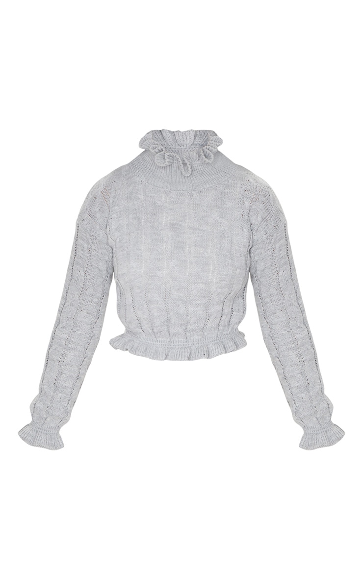 Petite Grey Cable Knit Cropped Frill Jumper image 3