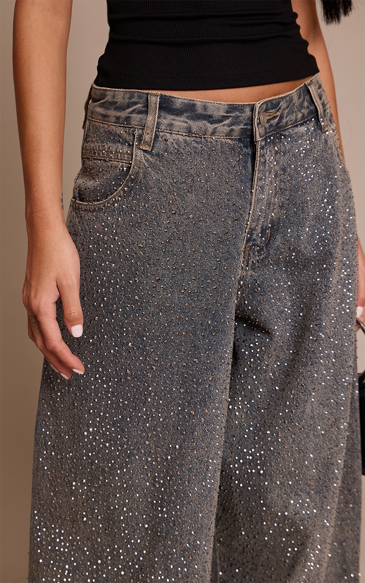 Vintage Relaxed Low Rise Hotfix Wide Leg Denim Jeans image 4