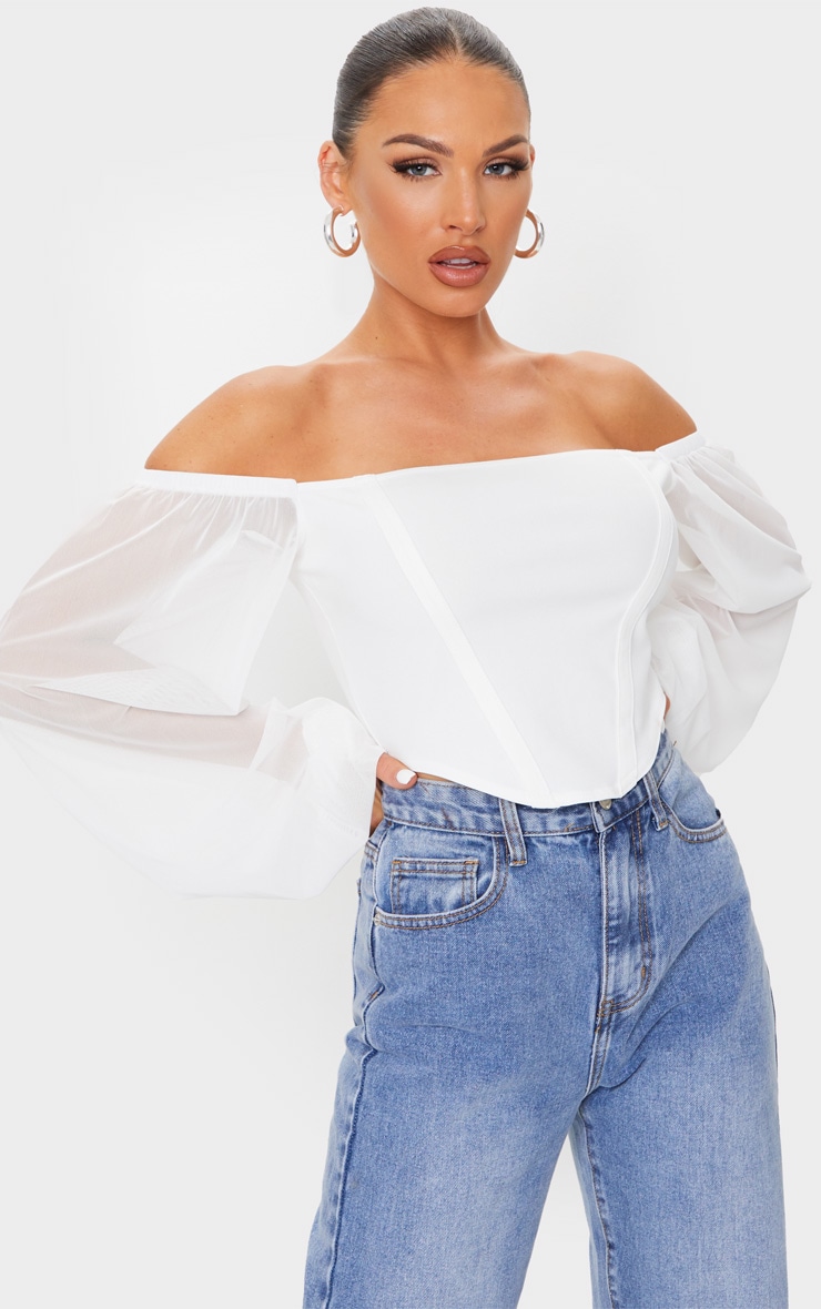 White Crepe Bardot Chiffon Sleeve Crop Top