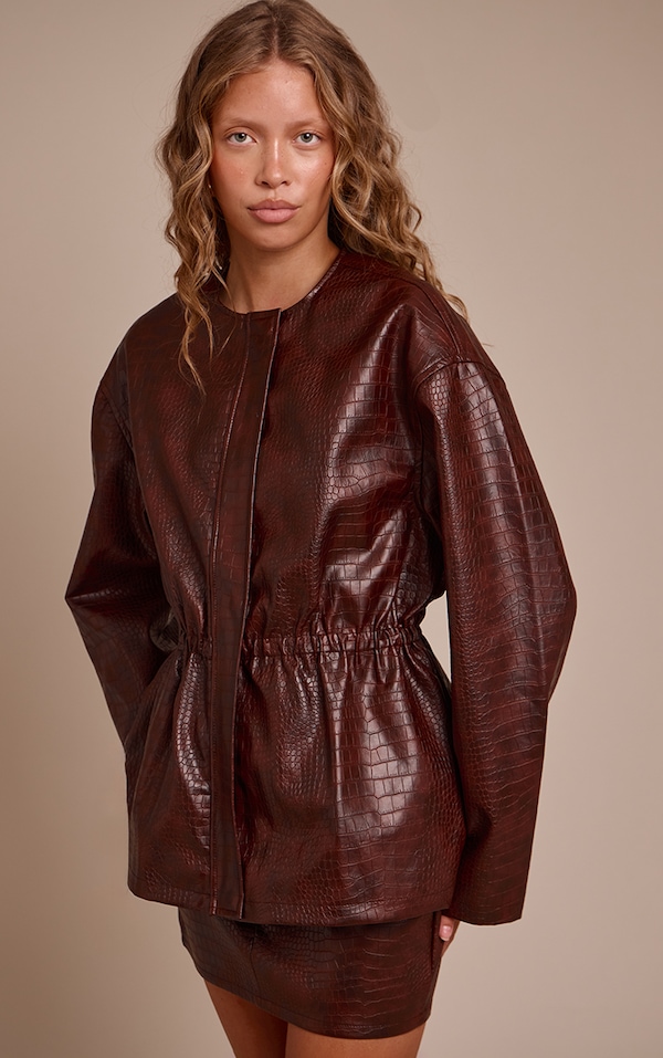 Brown Croc Faux Leather Cinched Waist Jacket