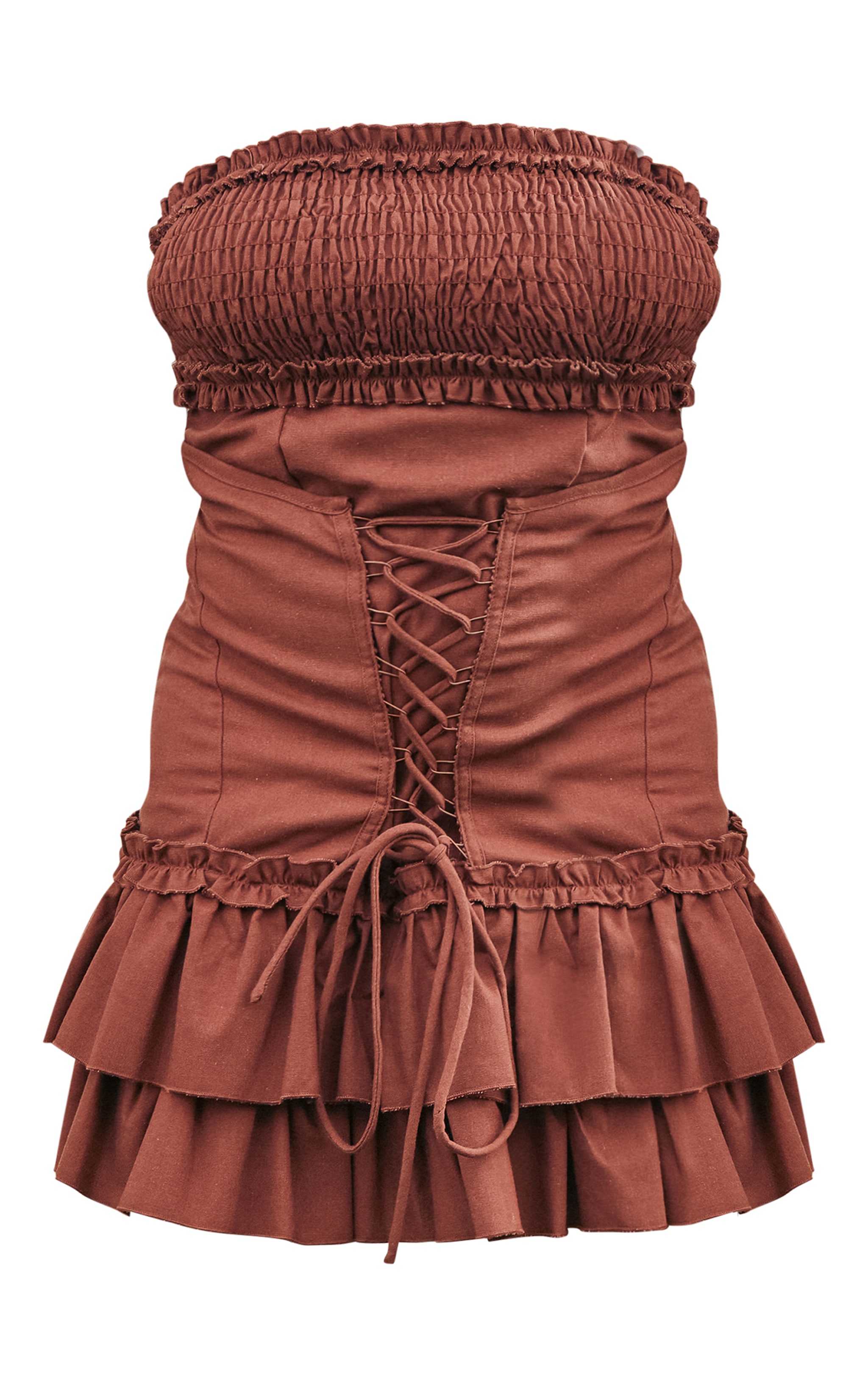 Robe moulante effet lin marron foncé à détail corset et volants image 5